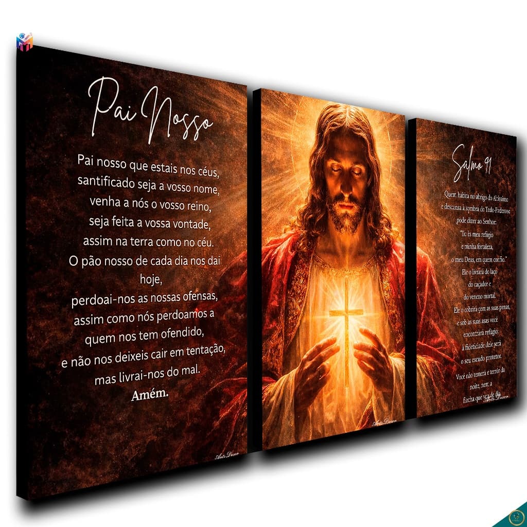 Quadro Decorativo Jesus Pai Nosso Salmo 91 Kit 3 Peças MDF Sala Quarto Fé e Proteção Oração Quadros Religiosos luxo