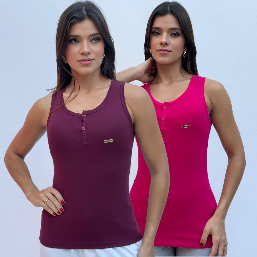 Kit 2 Regata Feminina Botões Frontais Malha Viscolycra Sem Manga Moderna Tendência Blusa Fresquinha Regatão Básica