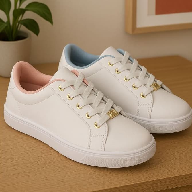 Tênis Feminino Casual Branco Confortável com Detalhe Rosa e Azul – Dia a Dia