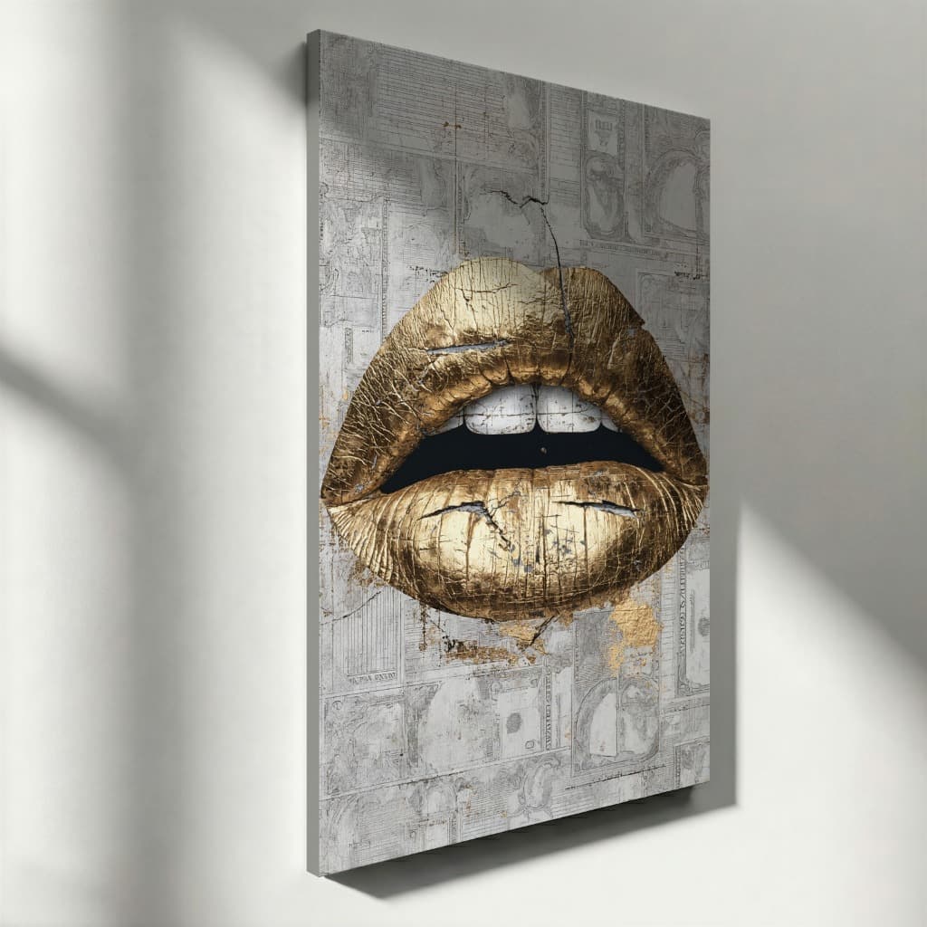 Quadro Decorativo Boca Dourada Arte Moderna Abstrata Luxo Tela Vertical Sala Sofisticada