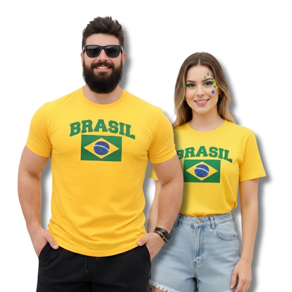 Camiseta Estampada Brasil Amarela Unissex Copa 2026 Bandeira do Brasil Algodão Premium Casual Slim