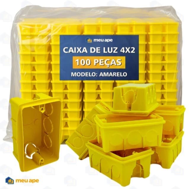 Kit 100 Caixa de Luz 4x2 Reforçada P/ Tomada Interruptor Embutir Amarelo Preto Energia