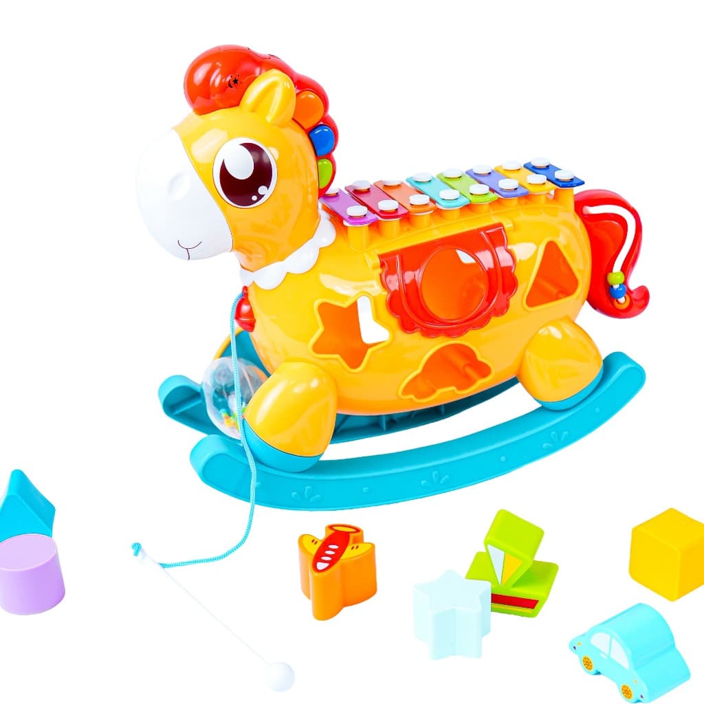 Brinquedo Educativo Musical Infantil Pônei Com Luz Amarelo Xilofone Encaixe Formas
