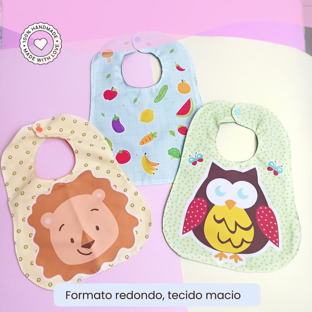Kit 03 Babadores Redondo | tecido, lavável e Confortável, alimentação sem sujeira | Bebê leão frutas coruja