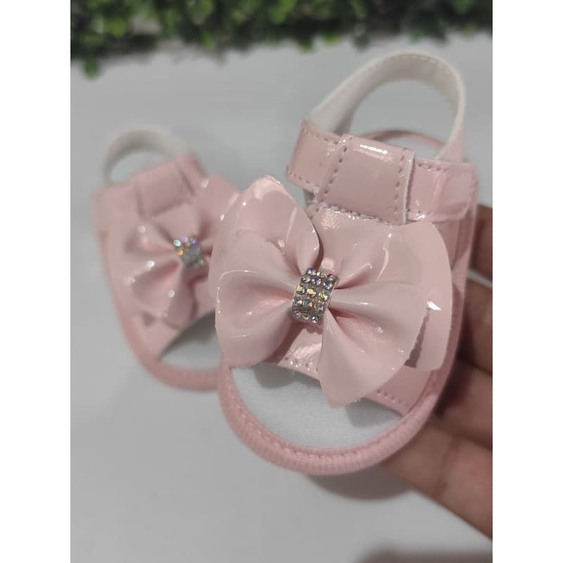 Sandália Bebê Feminina Rosa com Laço Strass | Calçado Infantil Antiderrapante Confortável Recém-Nascido