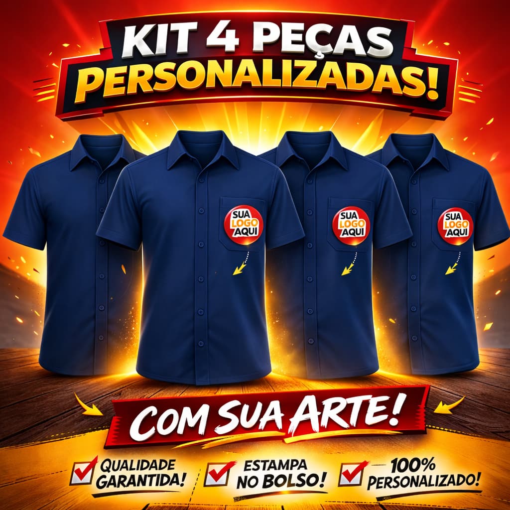 Kit 4 Camisas Sociais Microleve Personalizada Logo Frente DTF Manga Curta Uniforme Fardamento Empresa