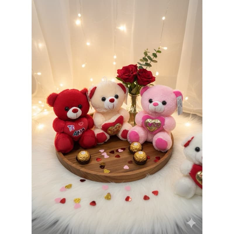 Kit c/ 3 Ursinhos 23cm – Pelúcia Macia com Coração p/ Cestas e Presentes