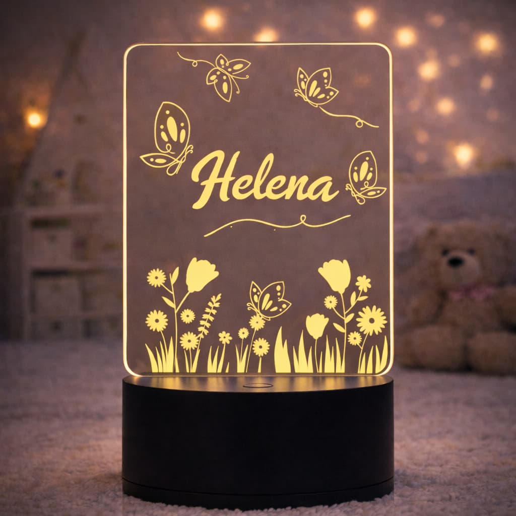 Luminária Acrílica LED Personalizada Infantil - Tema Flores e Borboletas com Nome