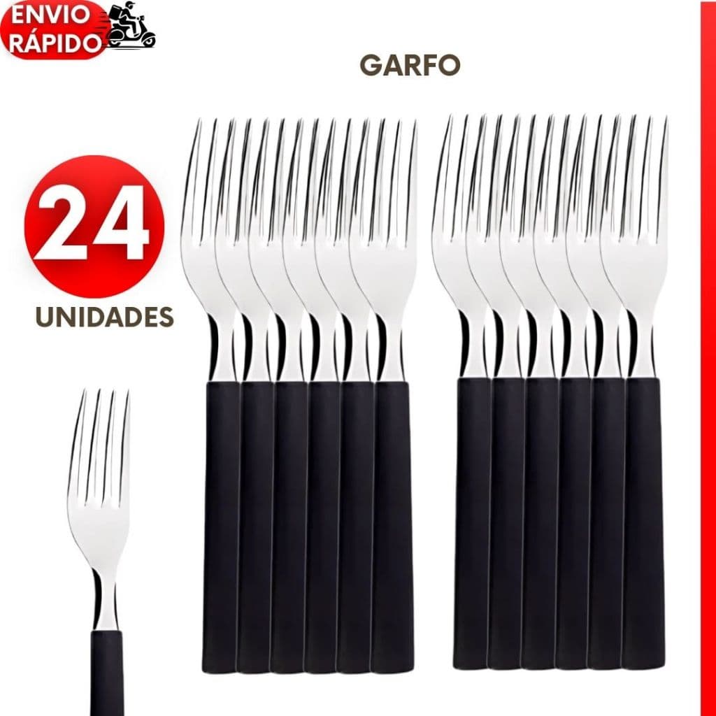 KIT 24, 18 ou 12 Garfos em Aço Inox com Cabo Preto Ideal para o Dia a Dia e Ocasiões Especiais