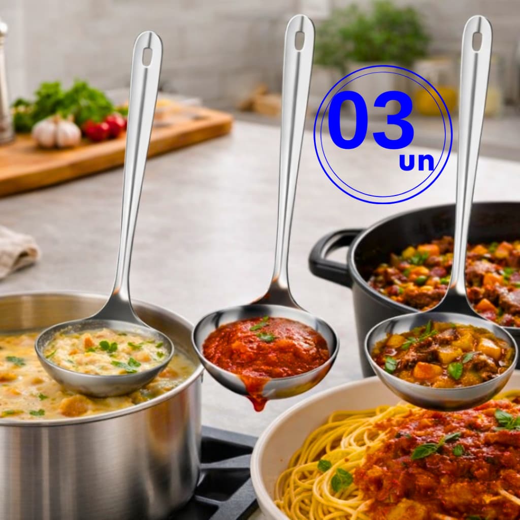 Kit Concha de Feijão Molho Sopa Aço Inox Premium Colher de Cozinha 23cm para Restaurante Buffet