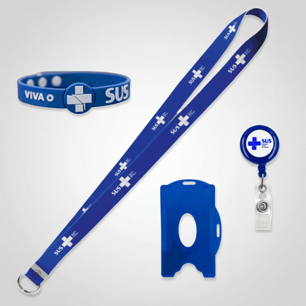 Kit Identificação SUS Pulseira Silicone Cordão Porta Crachá Roller Clip Resinado