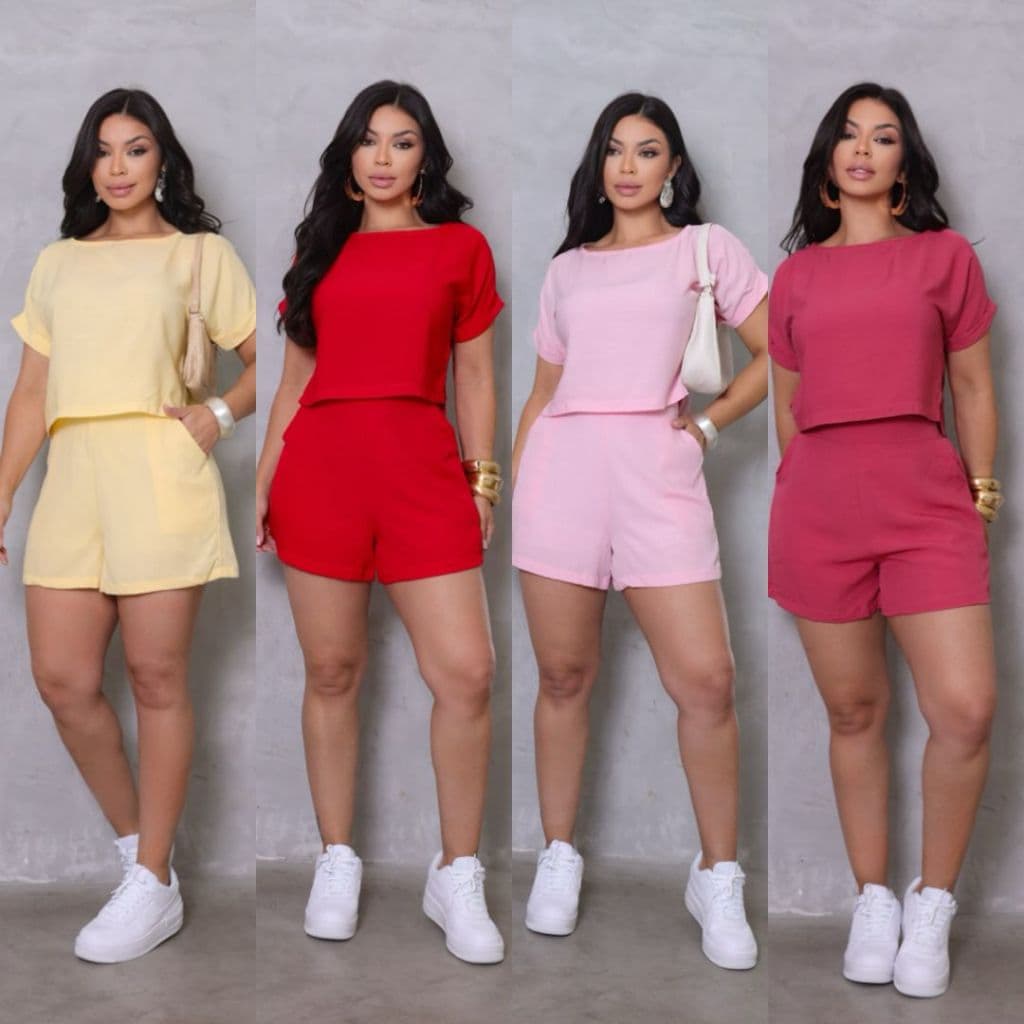Conjunto Alfaiataria Shorts e Cropped Feminino Casual Elegante Cintura Alta Confortavel Fresquinho