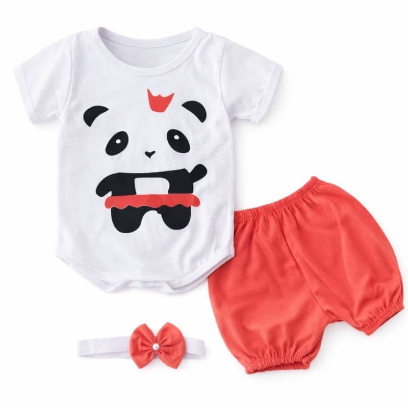 Kit 3 peças Conjunto Body Bebê Menina Panda Rosa + Short Curto + faixa pra cabelo Algodão Confortável - 4 a 6 Meses P M