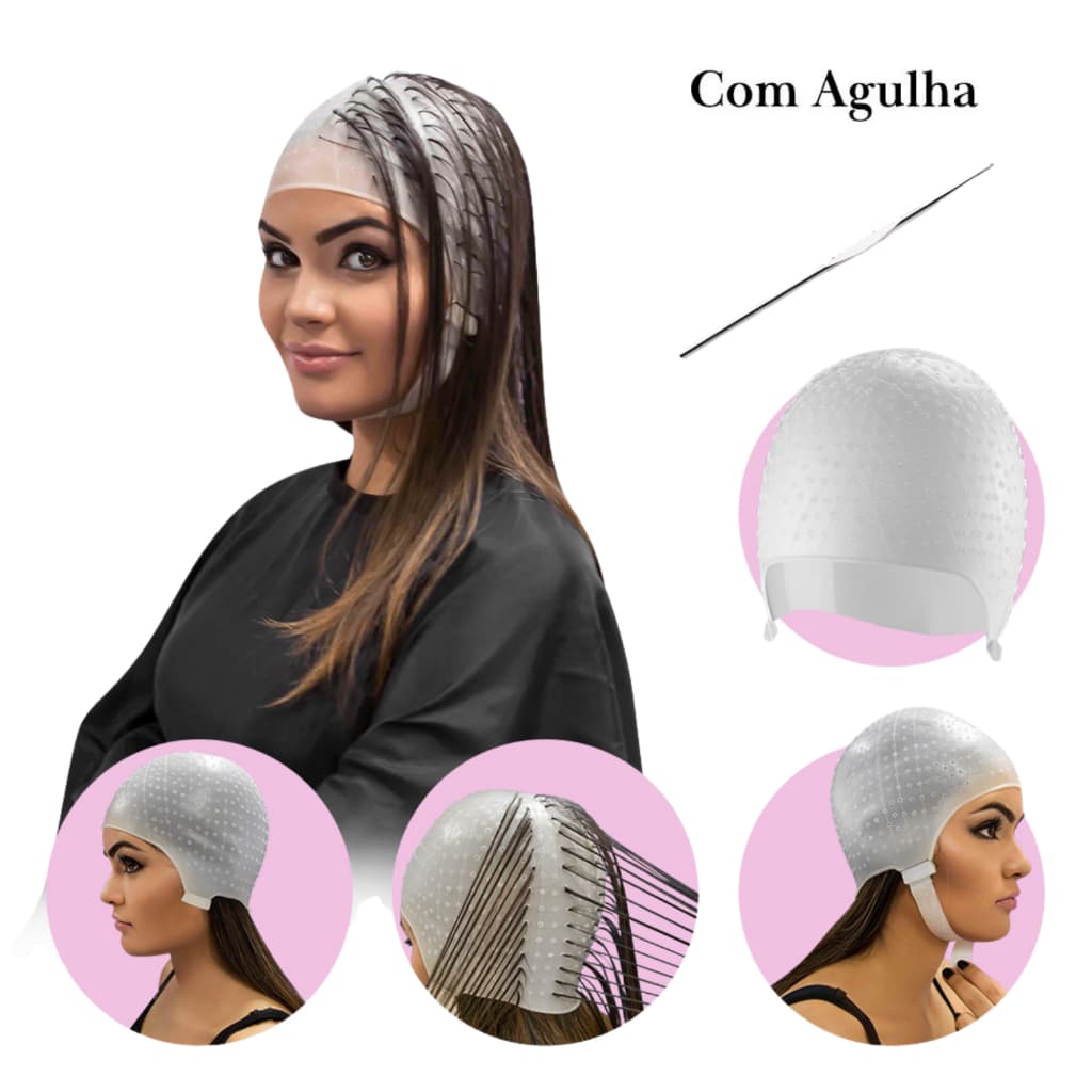 Touca Silicone Mechas Reflexos Loiras Morena Iluminada Romana Cabelereiro Profissional 1000 furos Dompel Com Agulha