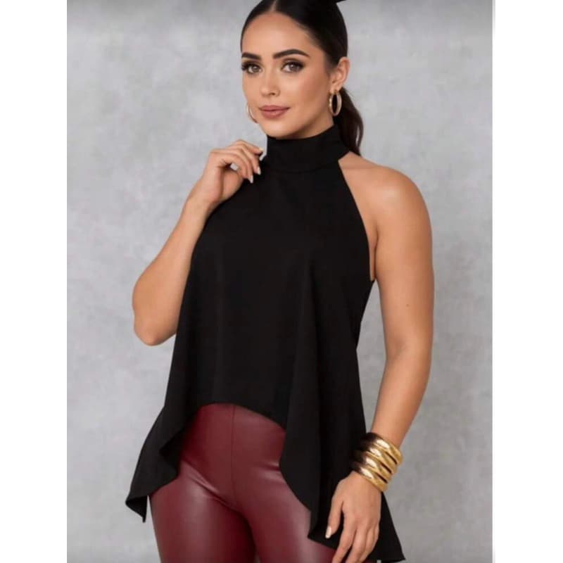 Blusa Feminina Gola Alta Frente Única Marrom Modelagem Ampla e Caimento Fluido Moda Verão 2026 Casual Elegante