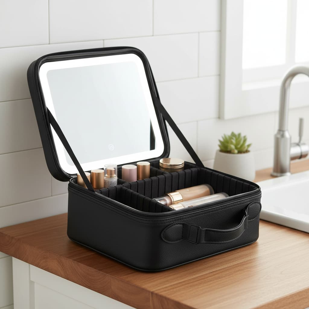 Necessaire Maquiagem Com Espelho LED USB Organizadora Cosméticos Porta Maquiagem Viagem