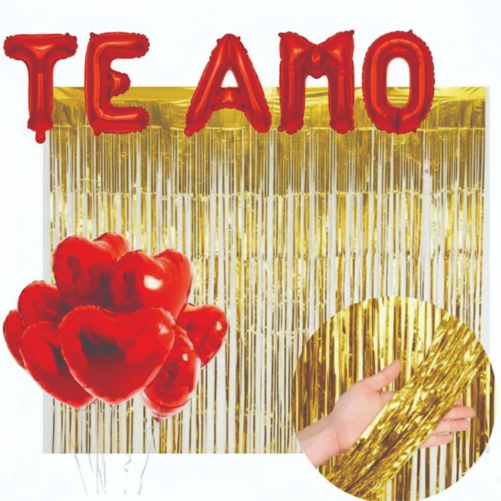 Kit balão metalizados Decoração Romântica Namorados 2 Cortinas 5 Balões Coração Balões TE AMO