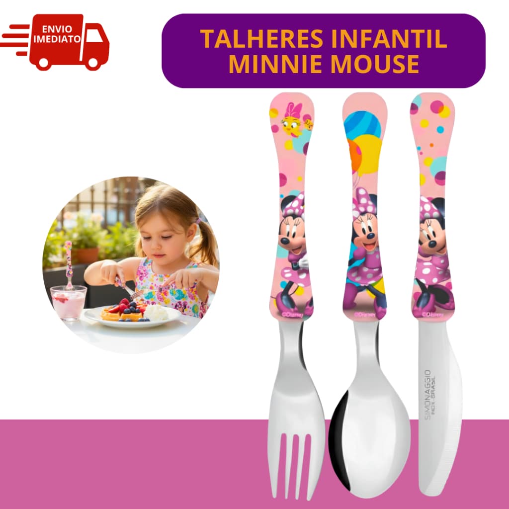 Minnie Mouse Talheres Kit Infantil 1 Colher + 1 Garfo + 1 Faca Infantil Volta as Aulas Disney Lancheira