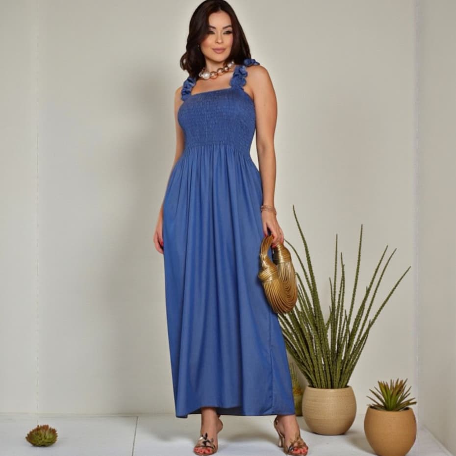 Vestido Longo Jeans Chambrey Leve Lastex Corpo Inteiro Alça Babado Moda Verão Versátil chic