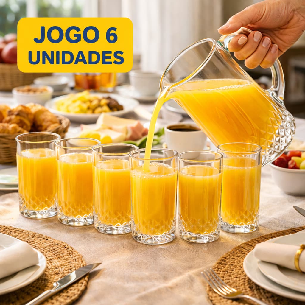 Jogo 6 Copos Altos Vidro 280ml Transparente Elegante Água Suco Drinks Mesa Posta festas recepções eventos coqueteis