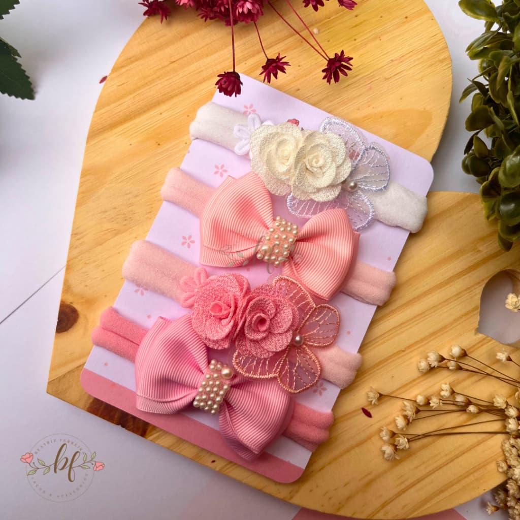 Kit 4 Laços Bebê Faixa - Kit Aurora Faixinha Slim Recém Nascido Lacinhos de Cabelo RN Infantil Menina Meia de Seda