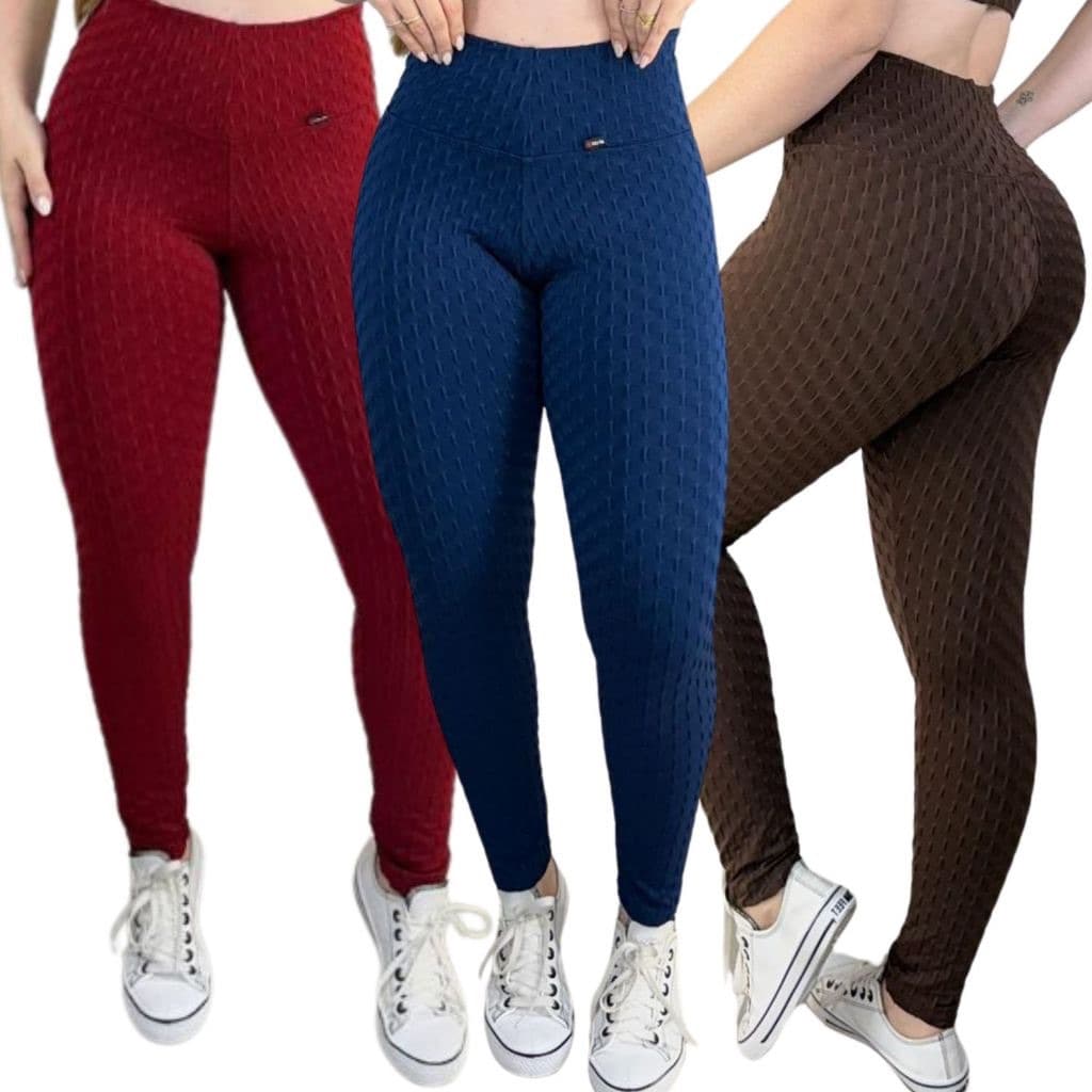 Kit 3 Calça Legguing De Academia Yoga  Feminina Jaquard Bolha Brocada Zero Transparência Disfarça Celulite