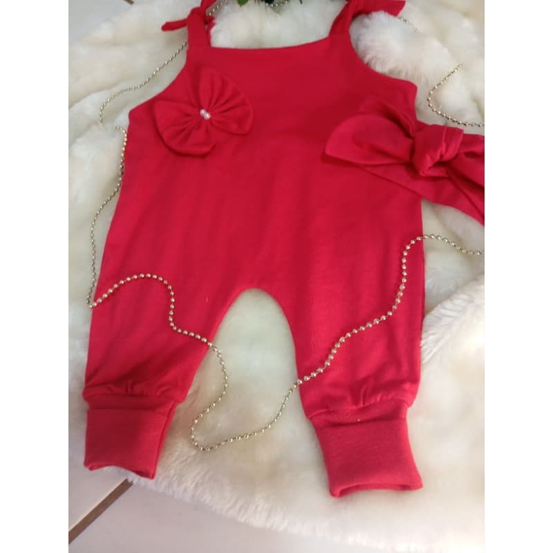 Jardineira Baby Feminina Vermelha com Laços e Pérolas – Roupa de Bebê Luxo Confortável