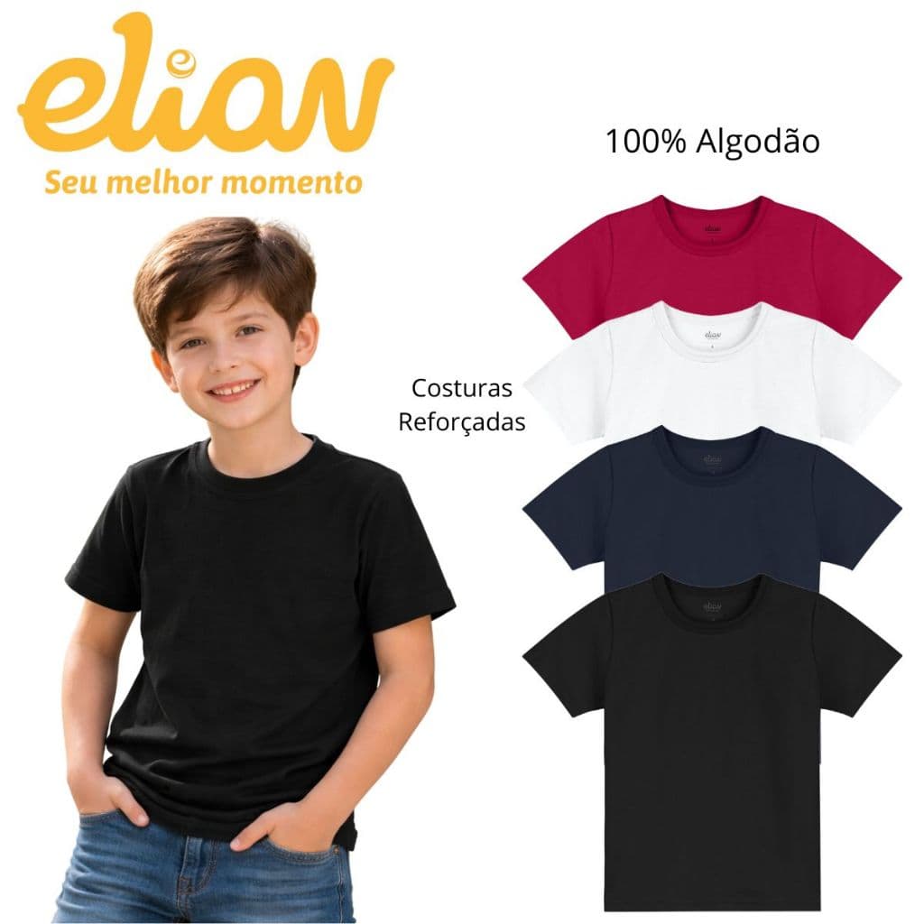 Camiseta Básica Elian Todas Ocasiões 100% Algodão Menino