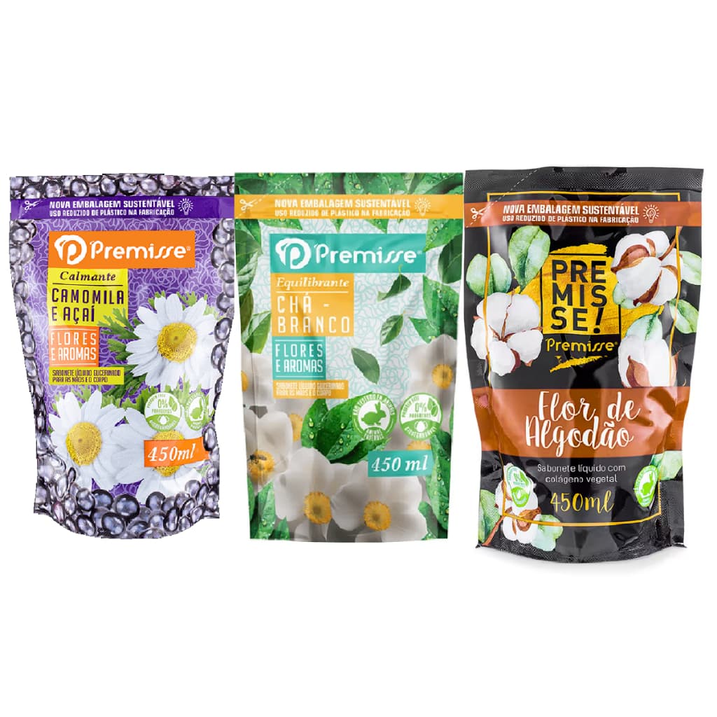 Refil de Sabonete Líquido Para Mãos Rosto e Corpo Glicerinado Vegano c/ Colágeno Vegetal Sachê 450ml