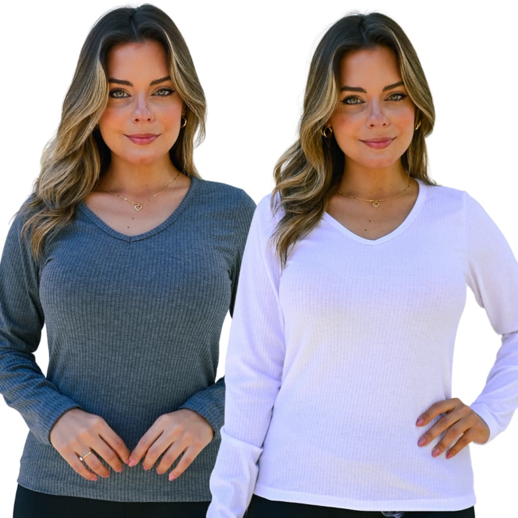 Kit 2 Blusinhas manga longa básica blusa de frio lisa feminina outono inverno