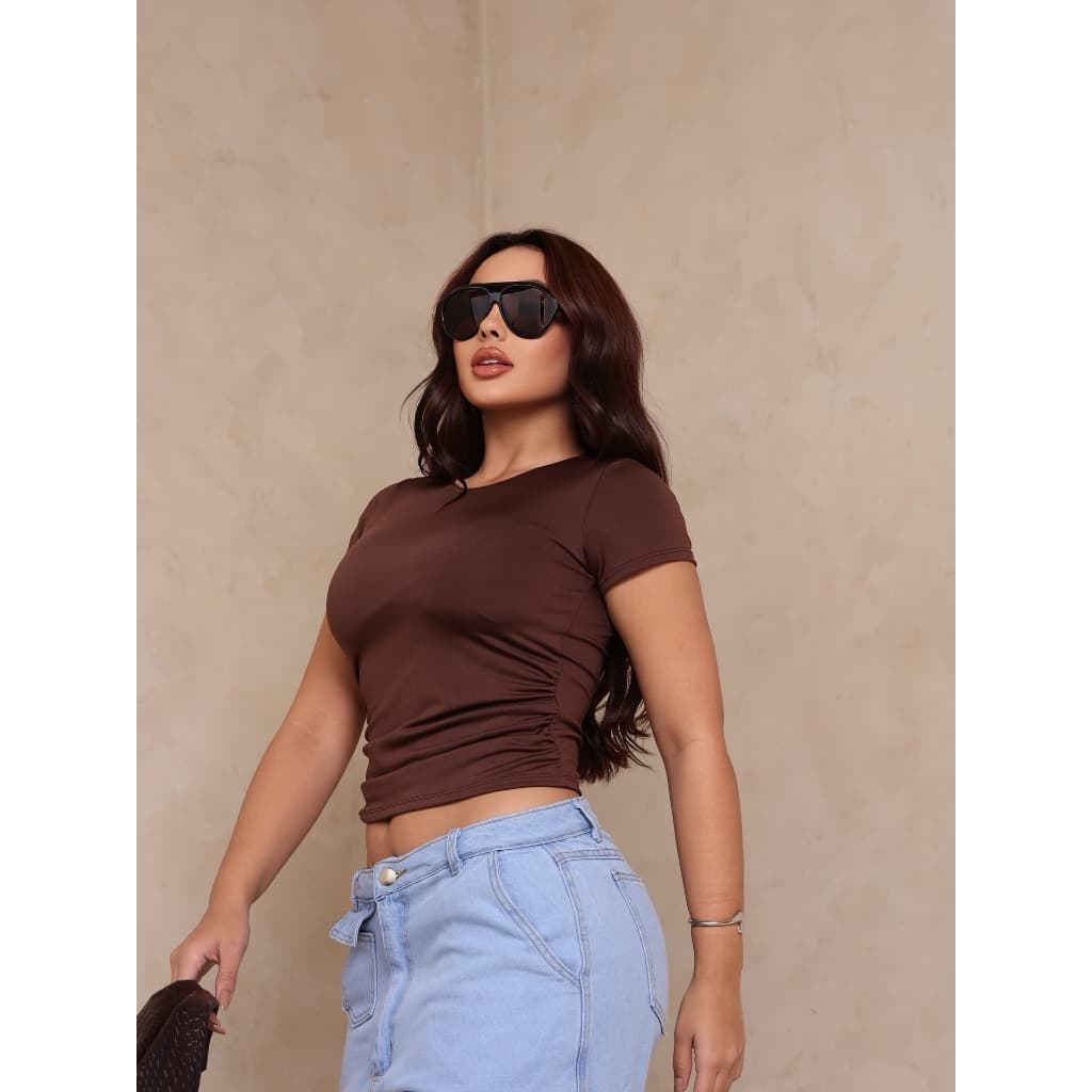 Blusinha feminina básica cropped de manguinha casual dia a dia moda feminina verão sem bojo