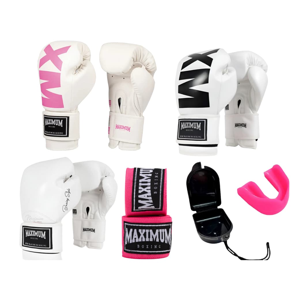 KIT LUVA BRANCA - ROSA E PRETA PROTETOR BUCAL BANDAGEM ROSA 3 METROS 12OZ - 14OZ