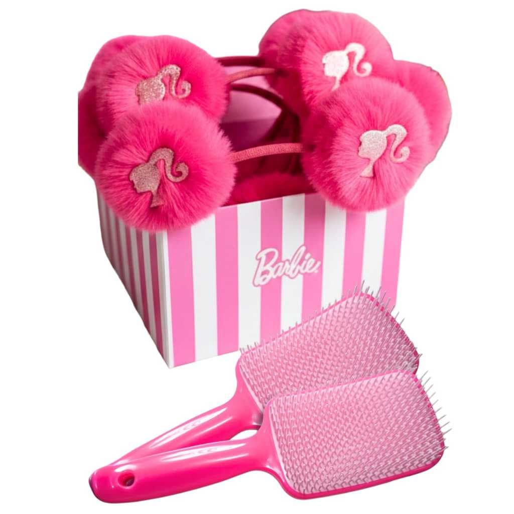Kit Festa 10 Tiaras Barbie Pompom Pink E Escova Lembrancinha