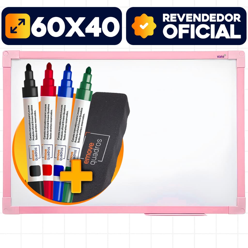 Lousa Quadro Branco 60x40cm Soft Rosa + 4 Canetas e Apagador