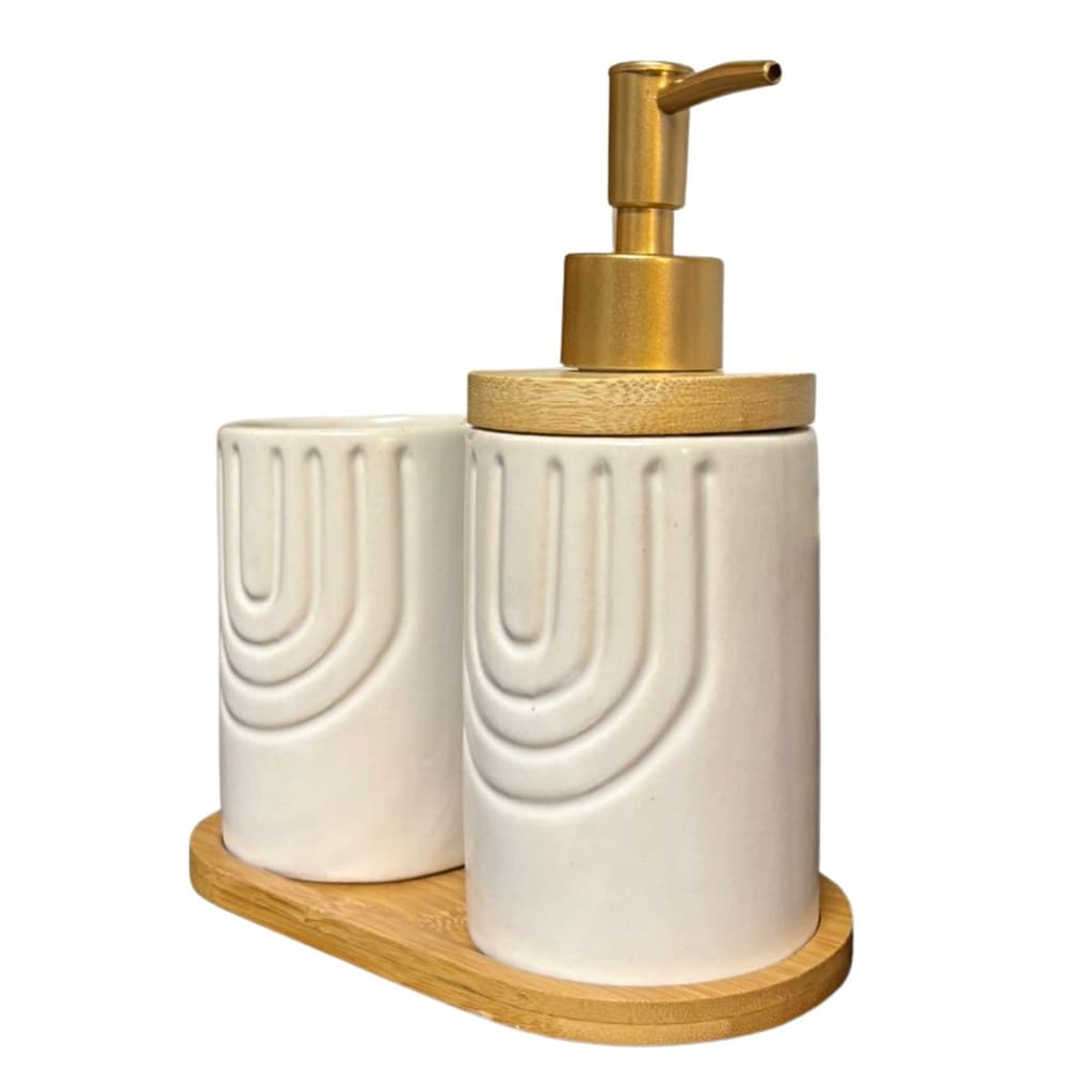 Kit Banheiro Porcelana 3 Peças com Bandeja de Bambu Preto ou Branco Jogo Luxo Porta Sabonete Escova