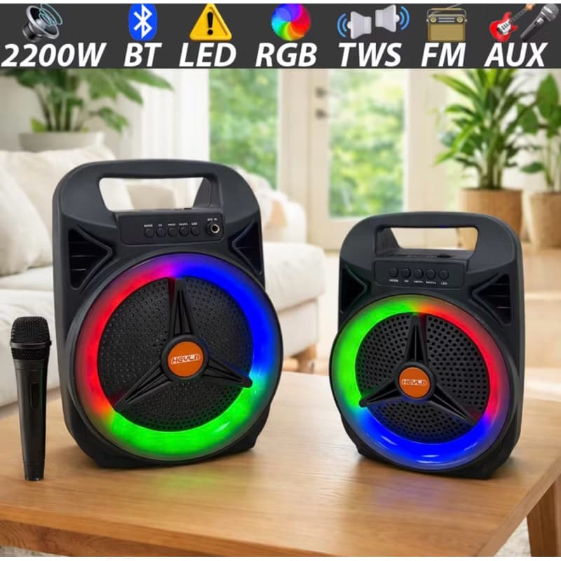 Caixa de Som Bluetooth Portátil 2200W PMPO Potente com LED RGB/Microfone/USB/SD/Aux e Karaokê
