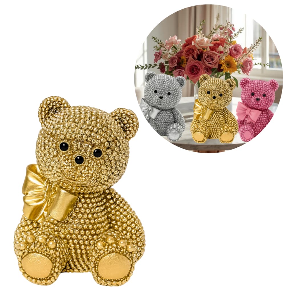Mini Ursinho Decorativo em Resina Super Luxo Dourado/ Prata Brilhante/Rosa