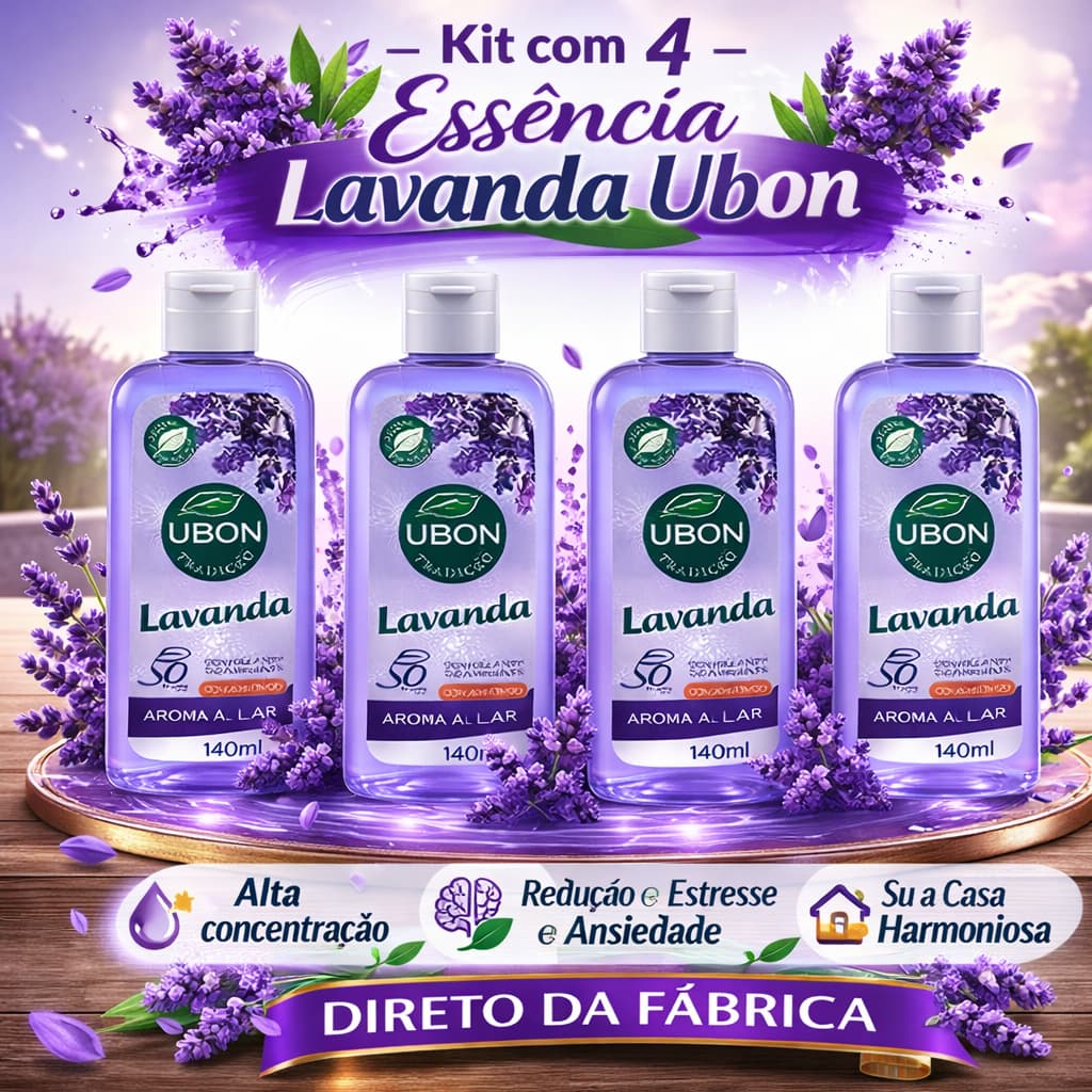 Kit 4 Essência Lavanda Ubon 140ml Concentrado Aroma Lar Relaxante Sono Limpeza Perfumada - Ubon
