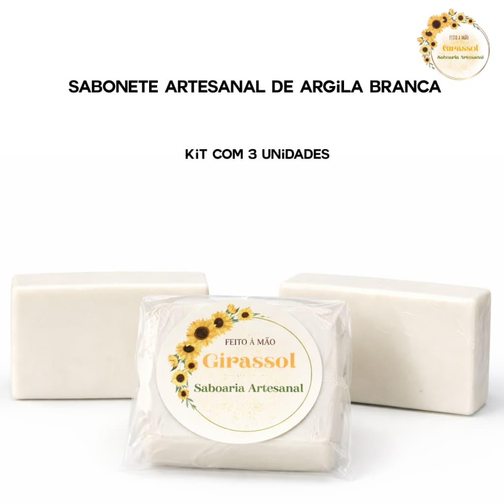 Kit 3 Sabonetes Argila Branca 100g Artesanal Clareador Facial Acne Oleosidade