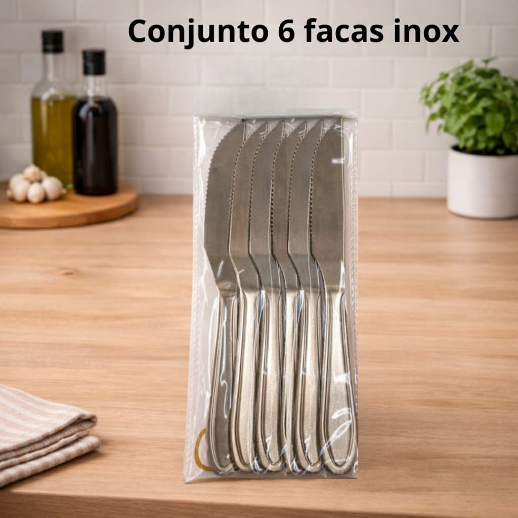 Jogo de Faca de Serra Cozinha Aço Inox Conjunto 6 ou 12 Peças Mesa Churrasco Pão Legumes