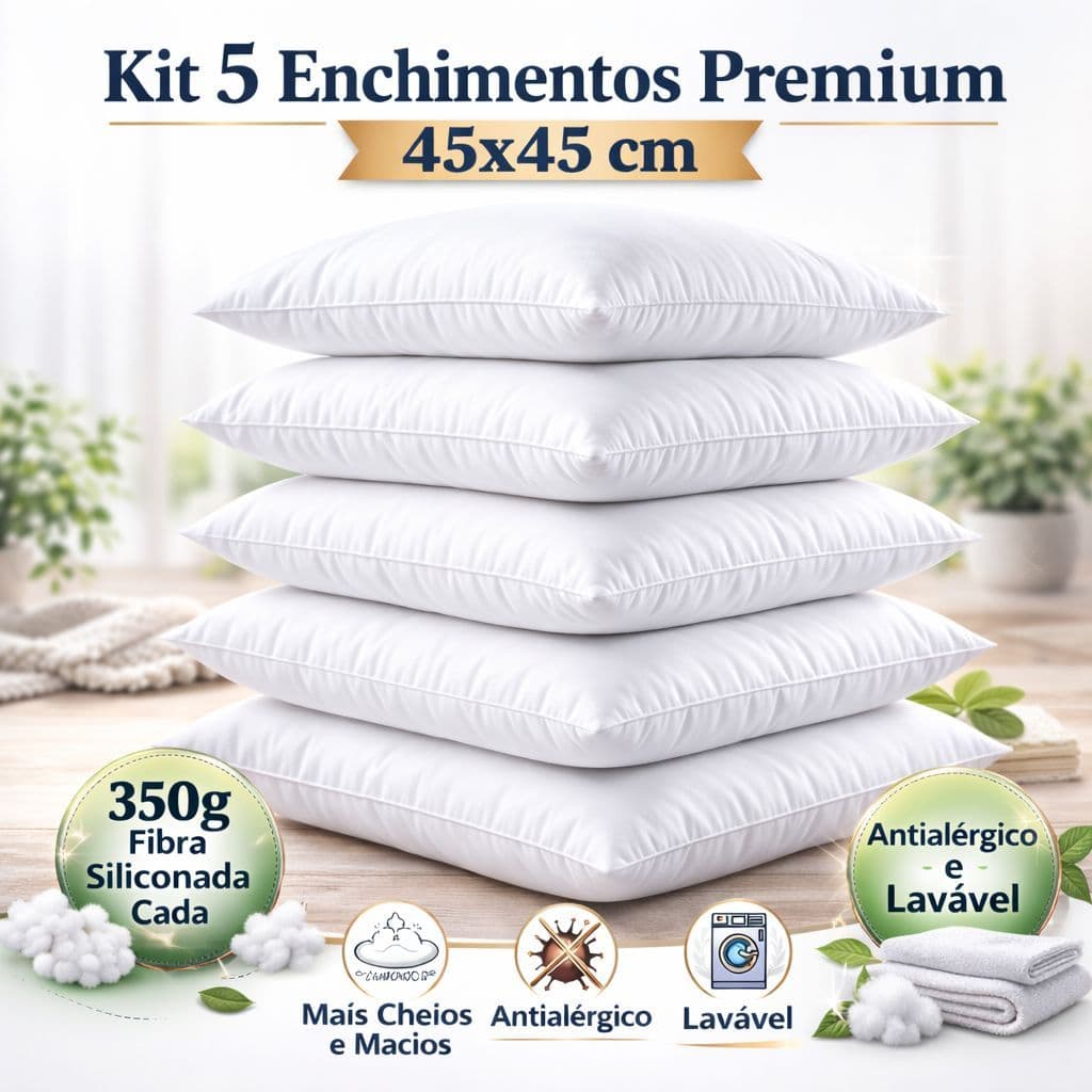 Almofada Refil 45x45 até 5 Unidades Fibra Siliconada Antialérgica Extra Macia Premium