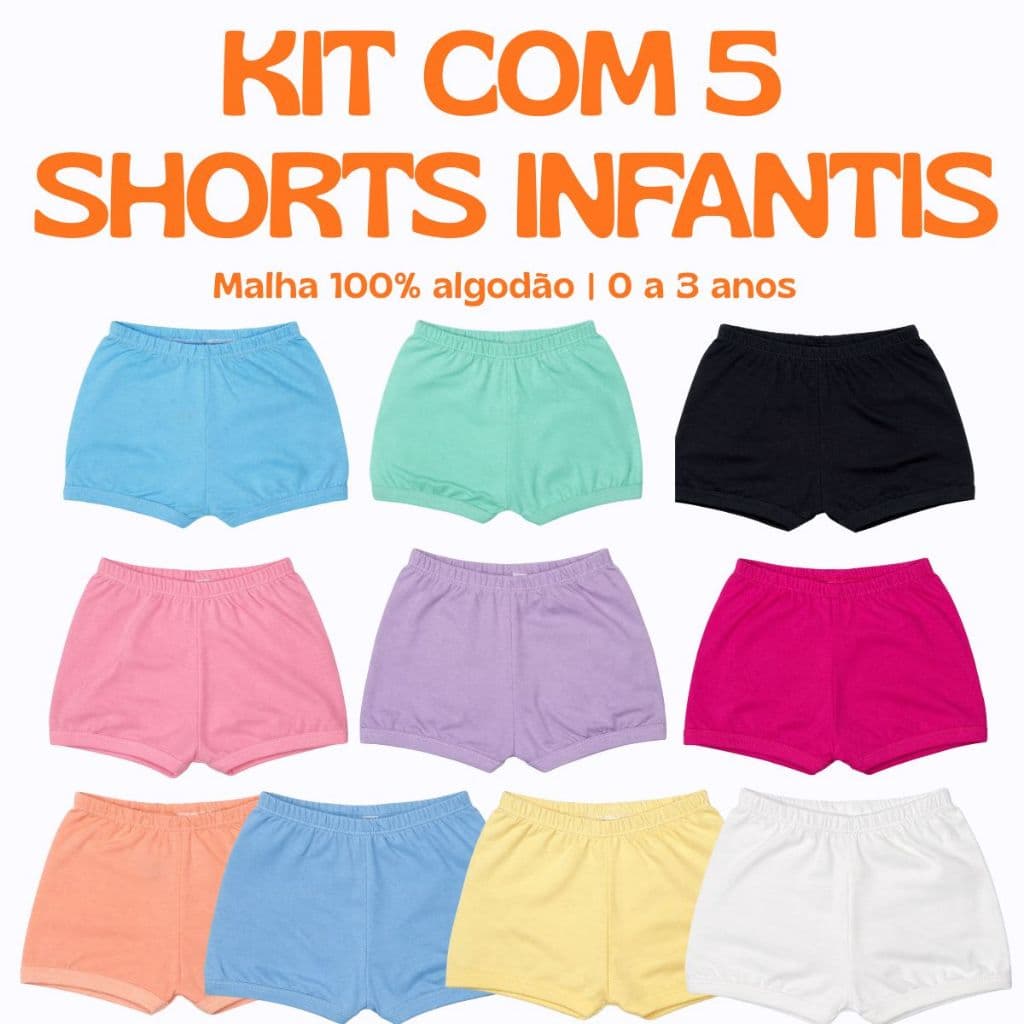Kit 5 Shorts tapa fraldas Bermudas Infantis/ Bebê lisos de Algodão para o Calor de Verão Confortáveis