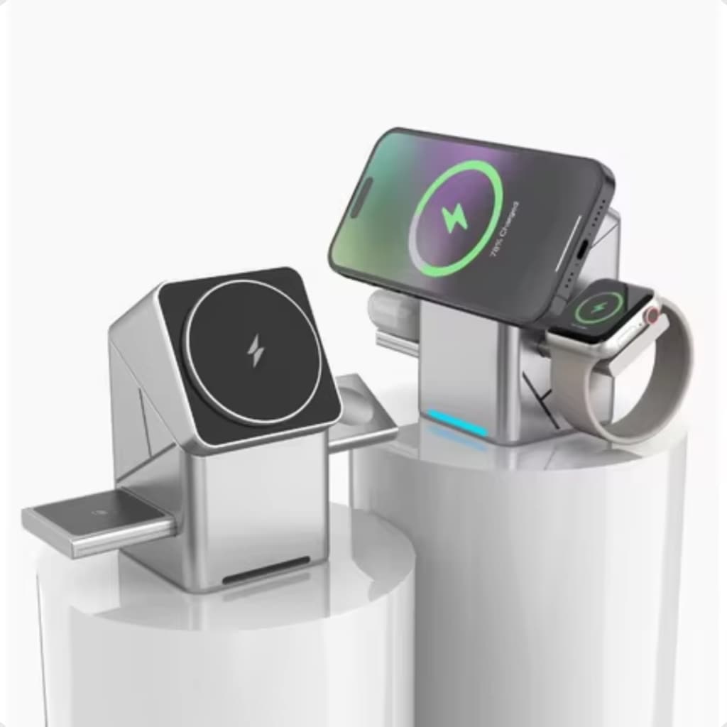 Carregador Indução Turbo Magnético 3 Em 1 Celular Relógio Rotação 360º