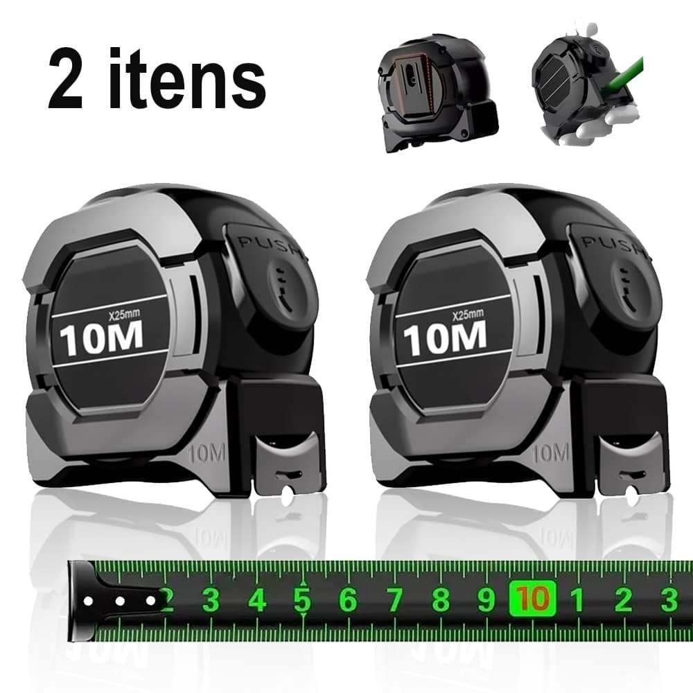 2 Peças Trena Profissional Fita Métrica Fluorescente Com Trava 10M