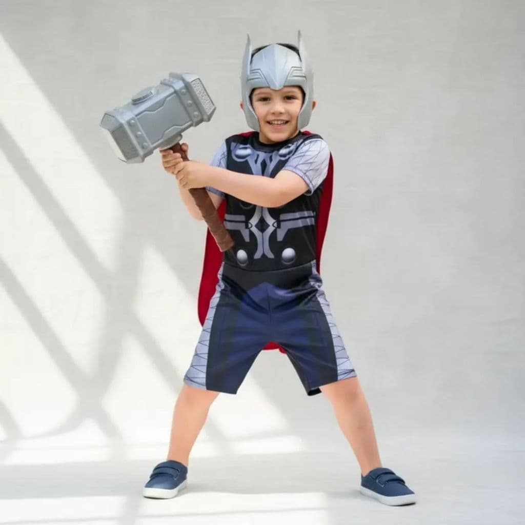 Fantasia Infantil THOR Capa + 02 Máscara Elmo + Martelo/Marreta Herói Aniversário Presente Criança