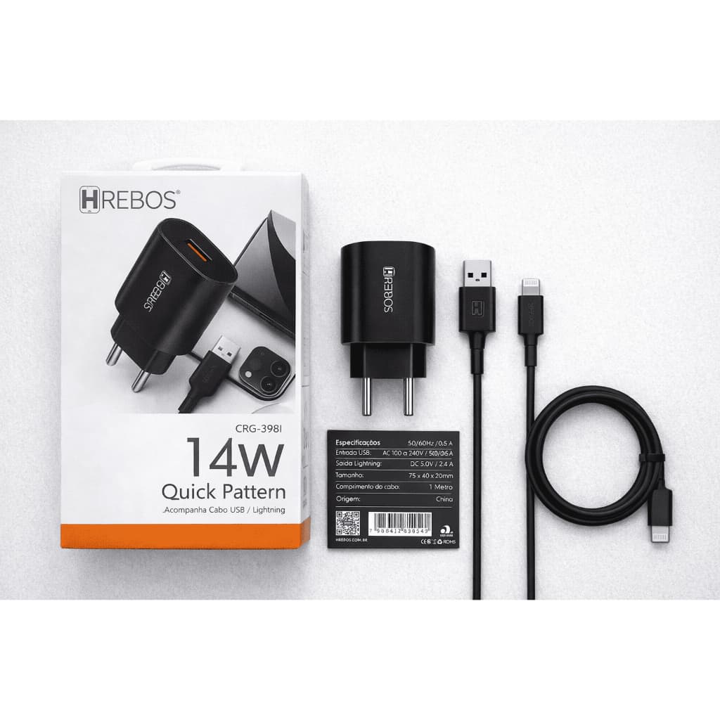 Carregador Turbo Hrebos 14W Lightning iPhone Carregador Rápido USB com Cabo CRG-398I
