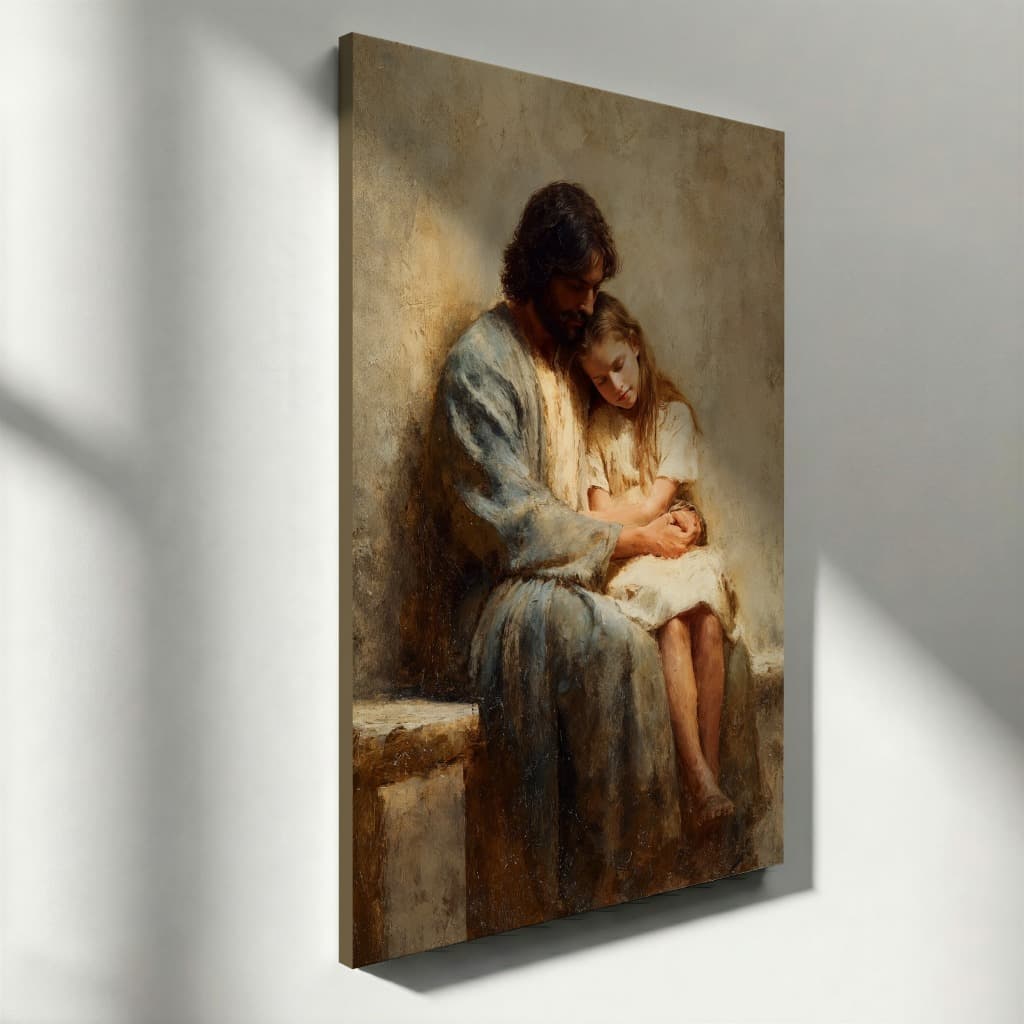 Quadro Decorativo Jesus com Criança Arte Religiosa Clássica Tela Vertical Fé e Amor