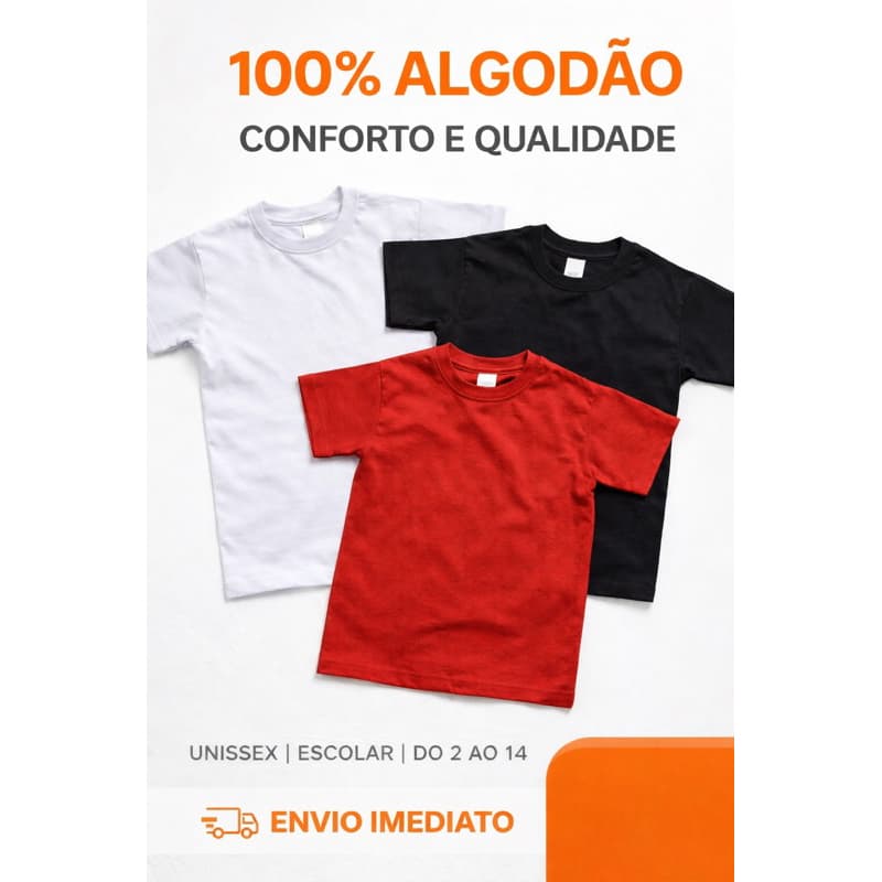 Camiseta Infantil Escolar 100% Algodão 4 ao 12 Básica Lisa Unissex