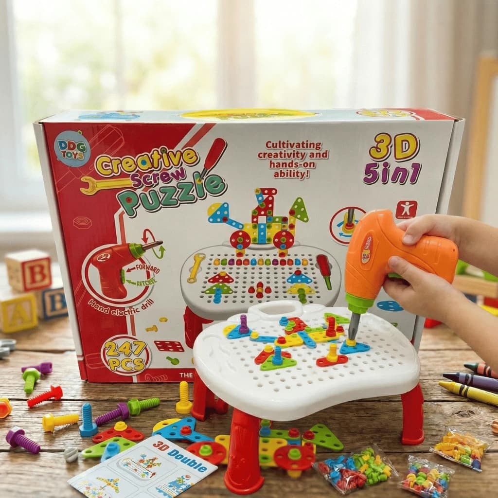 Mesa Criativa Educativa 3D com Furadeira 247 Peças Infantil Kit Pedagógico Acessórios