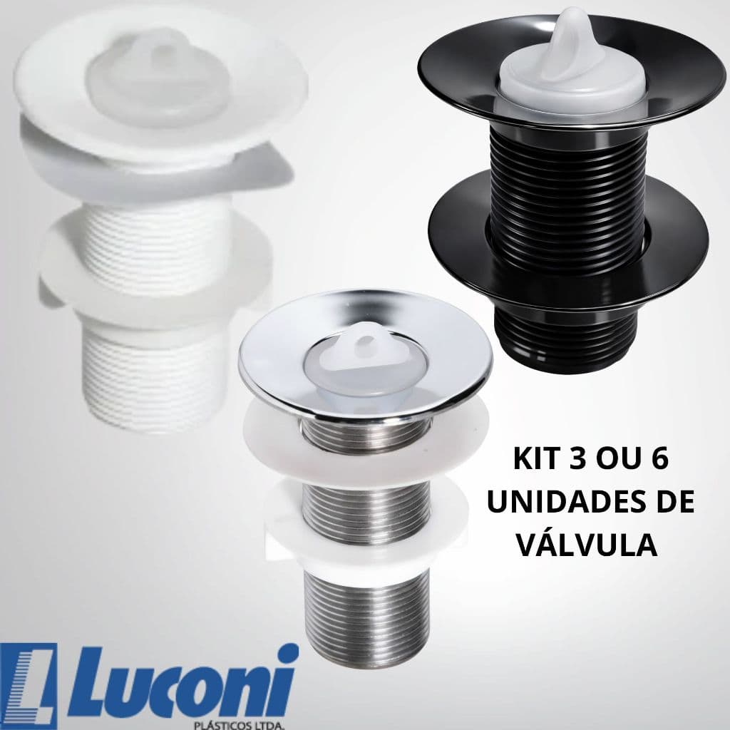 KIT 3 E 6 Válvulas de Lavatório Banheiro Pia e Tanque S/Ladrão PVC Branca, Preto, Cromado 7/8 Luconi